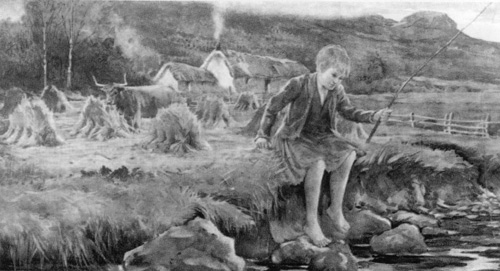 Childhood Memories Childhood memories fishing on the bank of a stream with Highland Cattle and a Croft in the background.